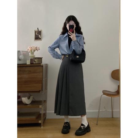 FA41735# 大码女装假两件立领衬衫+高腰显瘦半身裙套装 服裝批發女裝批發服飾貨源