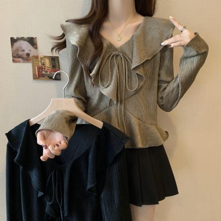 FA41736# 大码女装正肩V领荷叶边系带减龄气质打底衫上衣 服裝批發女裝批發服飾貨源