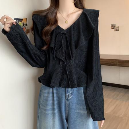 FA41736# 大码女装正肩V领荷叶边系带减龄气质打底衫上衣 服裝批發女裝批發服飾貨源