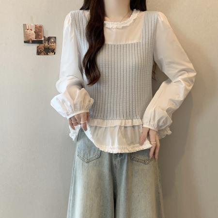 FA41737# 大码女装秋季新款设计感时尚木耳边领假两件显瘦长袖小衫 服裝批發女裝批發服飾貨源