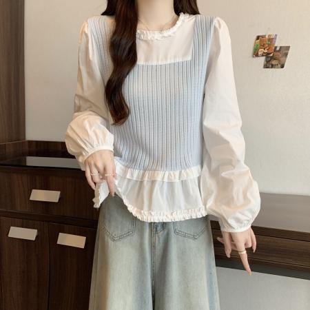 FA41737# 大码女装秋季新款设计感时尚木耳边领假两件显瘦长袖小衫 服裝批發女裝批發服飾貨源