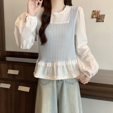FA41737# 大码女装秋季新款设计感时尚木耳边领假两件显瘦长袖小衫 服裝批發女裝批發服飾貨源