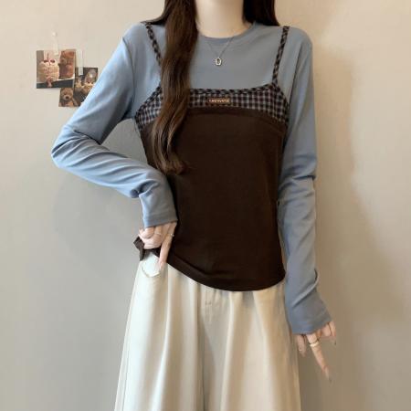 FA41738# 大码女装秋季新款小众设计感拼接假两件时尚显瘦长袖T恤 服裝批發女裝批發服飾貨源