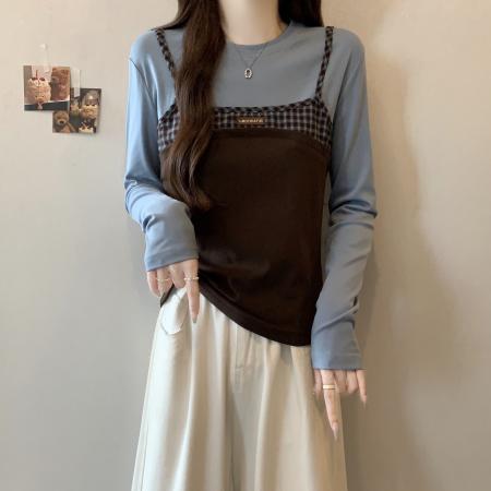 FA41738# 大码女装秋季新款小众设计感拼接假两件时尚显瘦长袖T恤 服裝批發女裝批發服飾貨源
