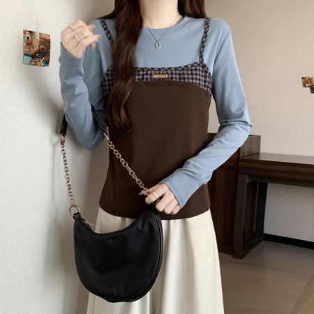 FA41738# 大码女装秋季新款小众设计感拼接假两件时尚显瘦长袖T恤 服裝批發女裝批發服飾貨源