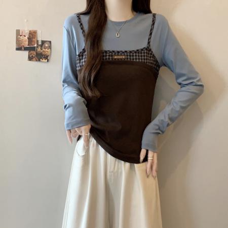 FA41738# 大码女装秋季新款小众设计感拼接假两件时尚显瘦长袖T恤 服裝批發女裝批發服飾貨源