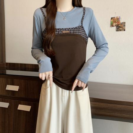 FA41738# 大码女装秋季新款小众设计感拼接假两件时尚显瘦长袖T恤 服裝批發女裝批發服飾貨源