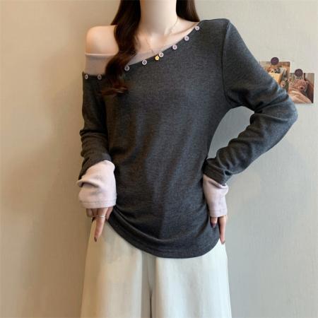 FA41739# 大码女装秋新款小众设计感时髦休闲撞色斜肩显瘦长袖T恤 服裝批發女裝批發服飾貨源