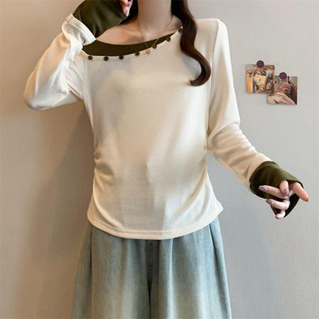 FA41739# 大码女装秋新款小众设计感时髦休闲撞色斜肩显瘦长袖T恤 服裝批發女裝批發服飾貨源