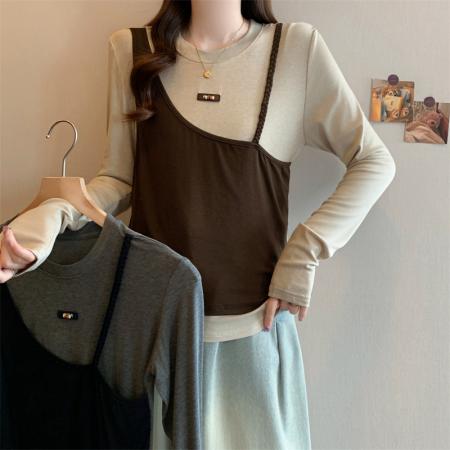 FA41740# 大码女装秋季新款小众设计感拼接假两件时尚宽松长袖T恤 服裝批發女裝批發服飾貨源