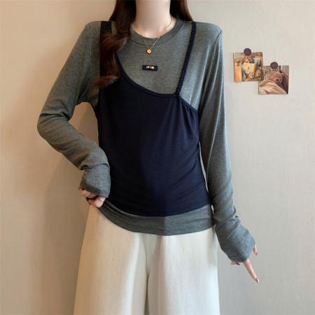 FA41740# 大码女装秋季新款小众设计感拼接假两件时尚宽松长袖T恤 服裝批發女裝批發服飾貨源