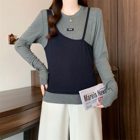 FA41740# 大码女装秋季新款小众设计感拼接假两件时尚宽松长袖T恤 服裝批發女裝批發服飾貨源