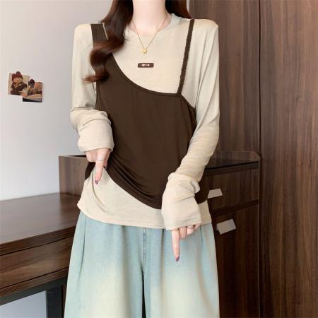 FA41740# 大码女装秋季新款小众设计感拼接假两件时尚宽松长袖T恤 服裝批發女裝批發服飾貨源