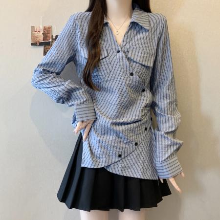 FA41741# 胖MM大码设计感别致蓝色衬衫女高级感修身显瘦条纹衬衣 服裝批發女裝批發服飾貨源