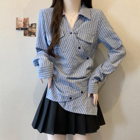 FA41741# 胖MM大码设计感别致蓝色衬衫女高级感修身显瘦条纹衬衣 服裝批發女裝批發服飾貨源