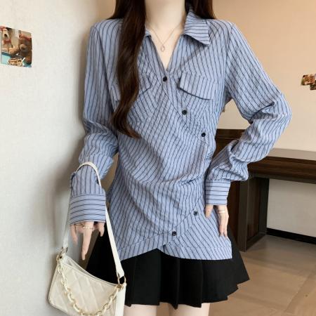 FA41741# 胖MM大码设计感别致蓝色衬衫女高级感修身显瘦条纹衬衣 服裝批發女裝批發服飾貨源