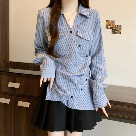 FA41741# 胖MM大码设计感别致蓝色衬衫女高级感修身显瘦条纹衬衣 服裝批發女裝批發服飾貨源