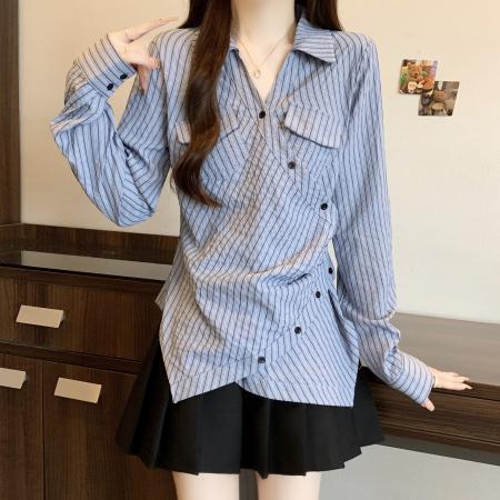 FA41741# 胖MM大码设计感别致蓝色衬衫女高级感修身显瘦条纹衬衣 服裝批發女裝批發服飾貨源