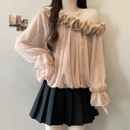 FA41742# 胖MM大码温柔甜美法式斜肩秋季花朵斜肩上衣女 服裝批發女裝批發服飾貨源