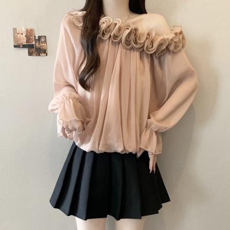 FA41742# 胖MM大码温柔甜美法式斜肩秋季花朵斜肩上衣女 服裝批發女裝批發服飾貨源