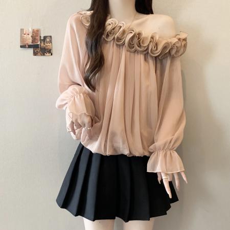 FA41742# 胖MM大码温柔甜美法式斜肩秋季花朵斜肩上衣女 服裝批發女裝批發服飾貨源