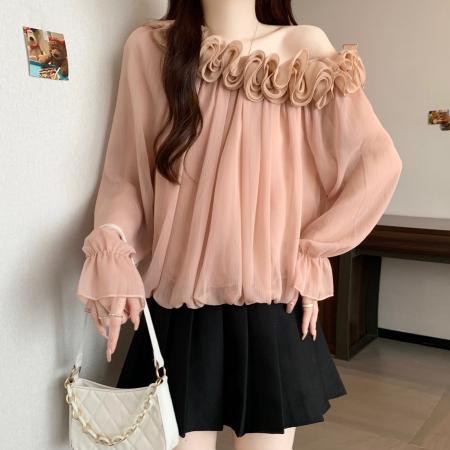 FA41742# 胖MM大码温柔甜美法式斜肩秋季花朵斜肩上衣女 服裝批發女裝批發服飾貨源