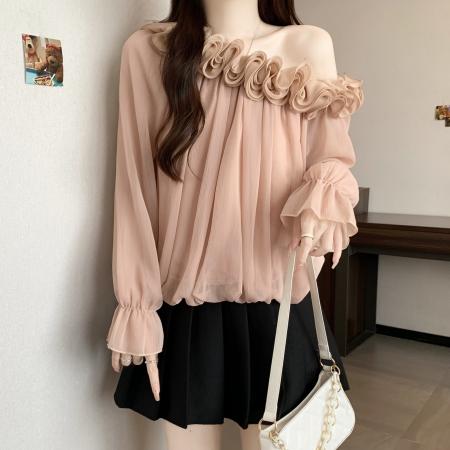 FA41742# 胖MM大码温柔甜美法式斜肩秋季花朵斜肩上衣女 服裝批發女裝批發服飾貨源