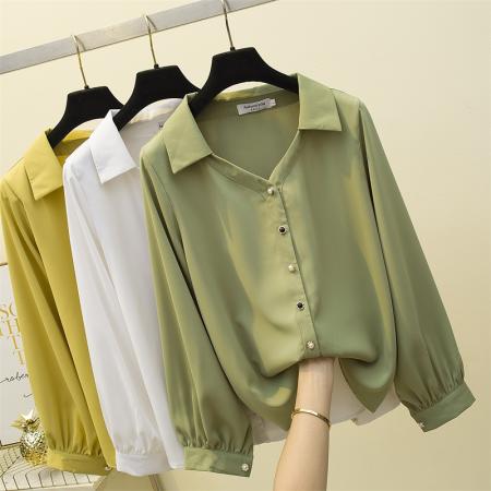 FA41744# 大码女装秋季胖妹妹超仙韩版宽松显瘦V领百搭长袖衬衫 服裝批發女裝批發服飾貨源