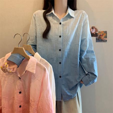 FA41748# 大码法式衬衫女秋季新款衬衣胖MM显瘦渐变刺绣长袖休闲上衣女开衫 服裝批發女裝批發服飾貨源