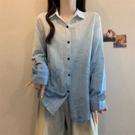 FA41748# 大码法式衬衫女秋季新款衬衣胖MM显瘦渐变刺绣长袖休闲上衣女开衫 服裝批發女裝批發服飾貨源