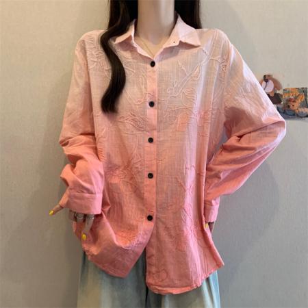 FA41748# 大码法式衬衫女秋季新款衬衣胖MM显瘦渐变刺绣长袖休闲上衣女开衫 服裝批發女裝批發服飾貨源