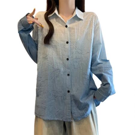 FA41748# 大码法式衬衫女秋季新款衬衣胖MM显瘦渐变刺绣长袖休闲上衣女开衫 服裝批發女裝批發服飾貨源