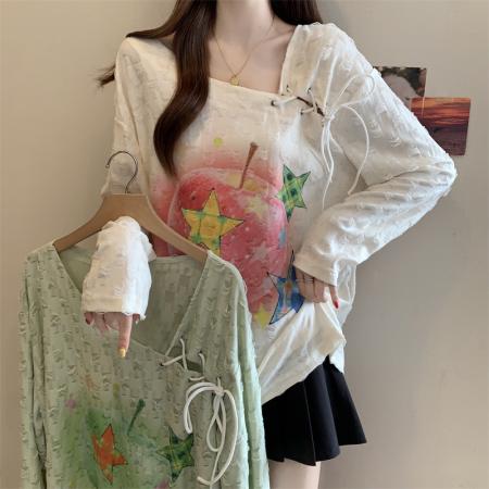 FA41750# 大码美式复古辣妹印花长袖T恤女秋季新款修身显瘦上衣百搭潮 服裝批發女裝批發服飾貨源