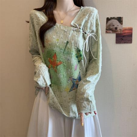 FA41750# 大码美式复古辣妹印花长袖T恤女秋季新款修身显瘦上衣百搭潮 服裝批發女裝批發服飾貨源