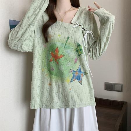 FA41750# 大码美式复古辣妹印花长袖T恤女秋季新款修身显瘦上衣百搭潮 服裝批發女裝批發服飾貨源