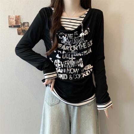 FA41751# 大码复古辣妹长袖T恤女秋季显瘦修身假两件叠穿荡领上衣潮 服裝批發女裝批發服飾貨源