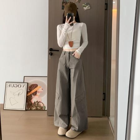 FA41758# 美式直筒工装裤女新款高腰宽松阔腿裤设计感显瘦休闲弯刀裤子 服裝批發女裝批發服飾貨源