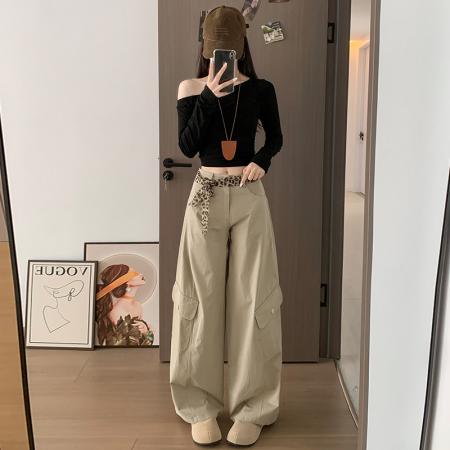 FA41758# 美式直筒工装裤女新款高腰宽松阔腿裤设计感显瘦休闲弯刀裤子 服裝批發女裝批發服飾貨源