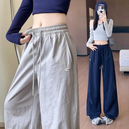 FA41759# 美式速干刺绣工装运动裤女新款宽松高腰显瘦垂感休闲阔腿长裤 服裝批發女裝批發服飾貨源