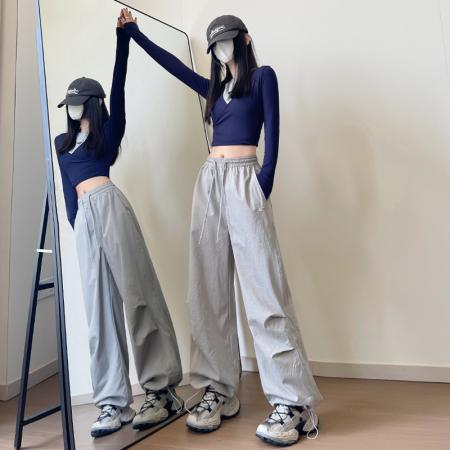 FA41759# 美式速干刺绣工装运动裤女新款宽松高腰显瘦垂感休闲阔腿长裤 服裝批發女裝批發服飾貨源