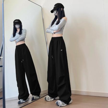 FA41759# 美式速干刺绣工装运动裤女新款宽松高腰显瘦垂感休闲阔腿长裤 服裝批發女裝批發服飾貨源