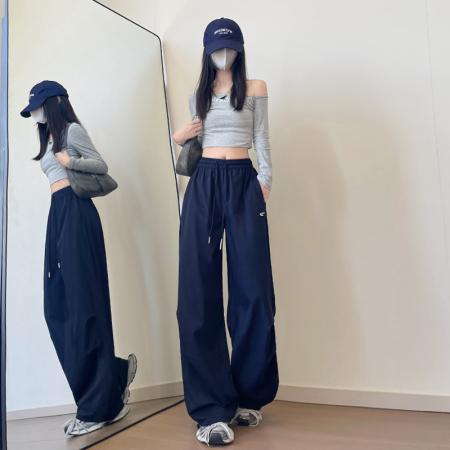 FA41759# 美式速干刺绣工装运动裤女新款宽松高腰显瘦垂感休闲阔腿长裤 服裝批發女裝批發服飾貨源