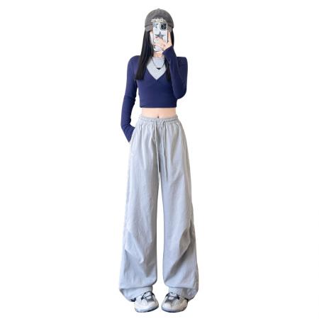 FA41759# 美式速干刺绣工装运动裤女新款宽松高腰显瘦垂感休闲阔腿长裤 服裝批發女裝批發服飾貨源
