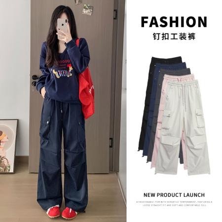 FA41760# 美式降落伞工装裤女秋季复古宽松高腰垂感显瘦钉扣阔腿运动裤 服裝批發女裝批發服飾貨源