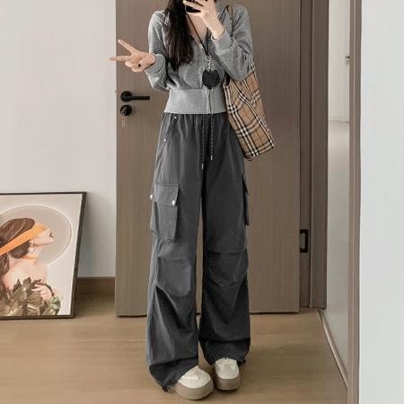 FA41760# 美式降落伞工装裤女秋季复古宽松高腰垂感显瘦钉扣阔腿运动裤 服裝批發女裝批發服飾貨源