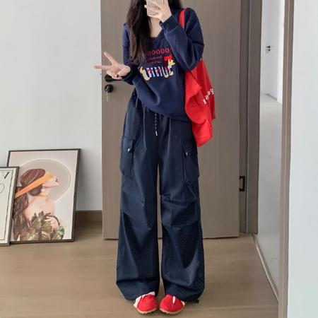 FA41760# 美式降落伞工装裤女秋季复古宽松高腰垂感显瘦钉扣阔腿运动裤 服裝批發女裝批發服飾貨源