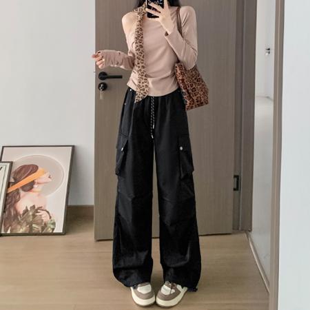 FA41760# 美式降落伞工装裤女秋季复古宽松高腰垂感显瘦钉扣阔腿运动裤 服裝批發女裝批發服飾貨源