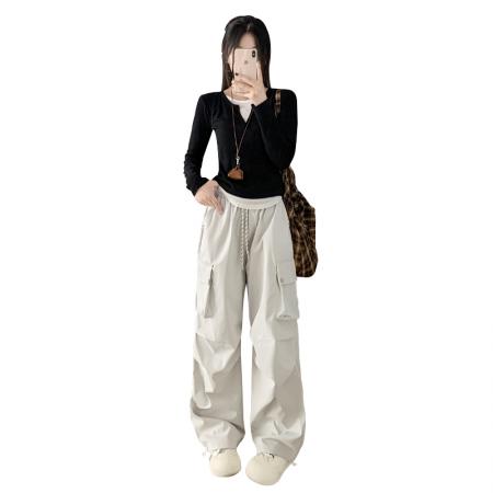 FA41760# 美式降落伞工装裤女秋季复古宽松高腰垂感显瘦钉扣阔腿运动裤 服裝批發女裝批發服飾貨源