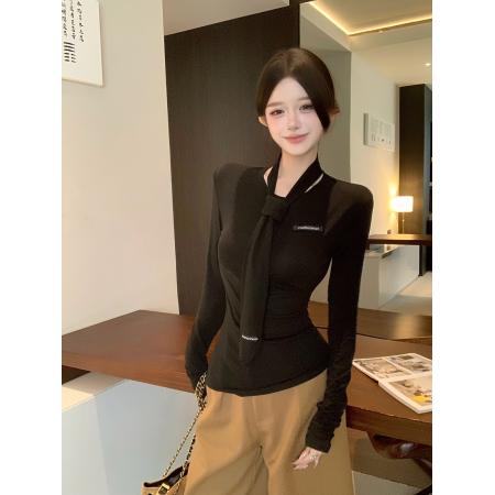 FA41761# MIU系领带飘带修身显瘦长袖T恤纯欲设计感字母打底上衣 服裝批發女裝批發服飾貨源