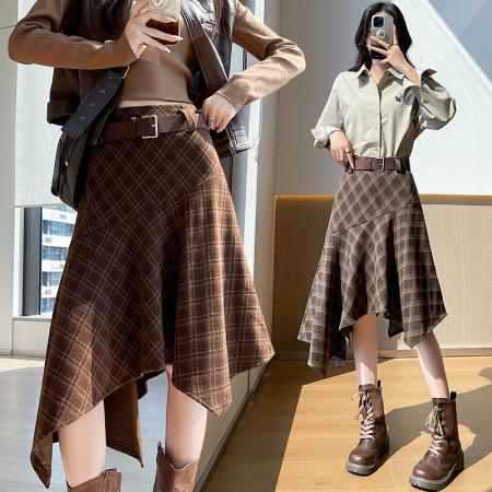 FA41765# 不规则毛呢格纹半身裙女秋冬老钱风辣妹复古高腰显瘦中长a字伞裙 服裝批發女裝批發服飾貨源